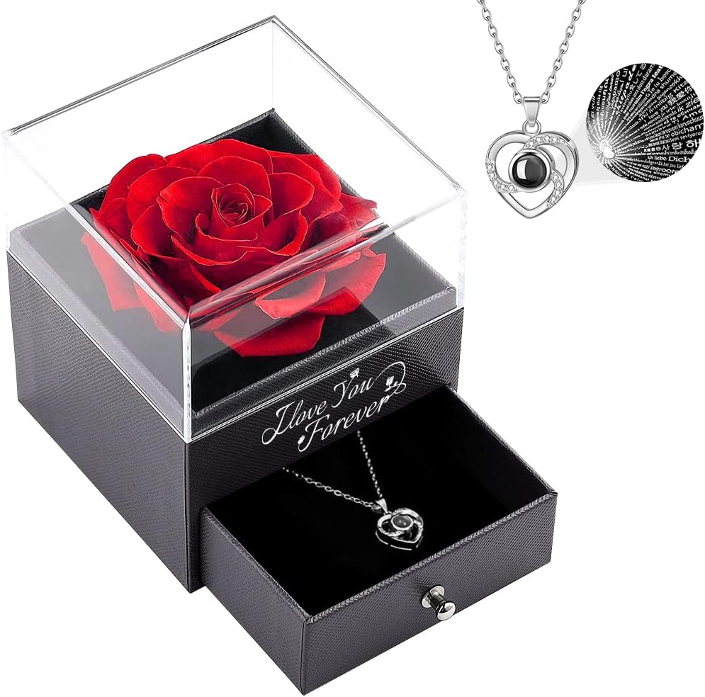 Preserved Real Rose with Heart Necklace I Love You in 100