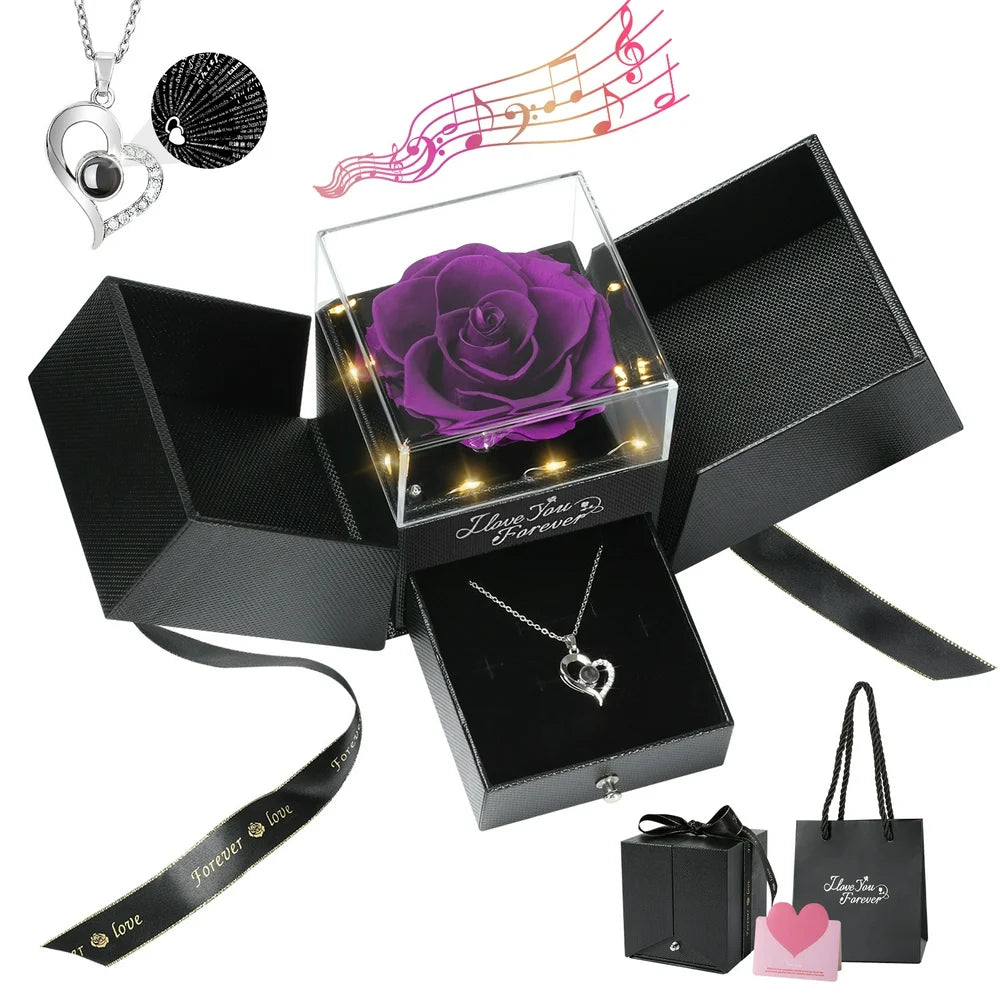 Preserved Rose Flower with Heart Necklace, Eternal Purple Real Rose wi –  Nova luxurys